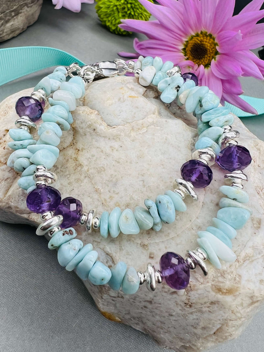 Bracelet En Argent Avec Pierres Larimar, Topaze Mystique Et Améthyste - Neuf Sans Emballage