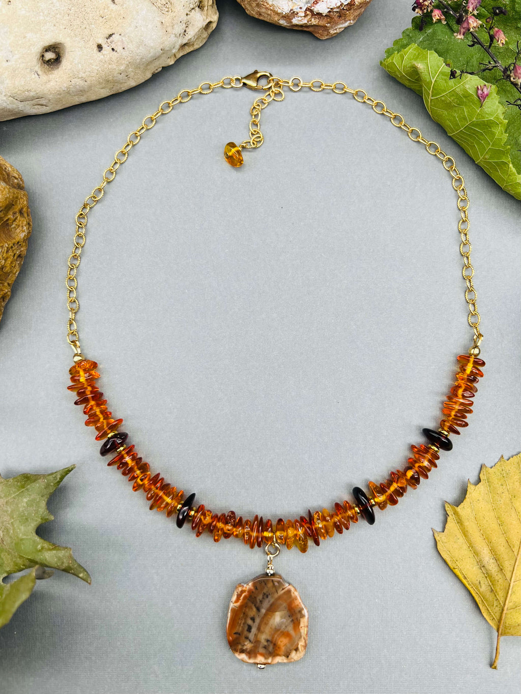 Petrified Wood and Amber Necklace