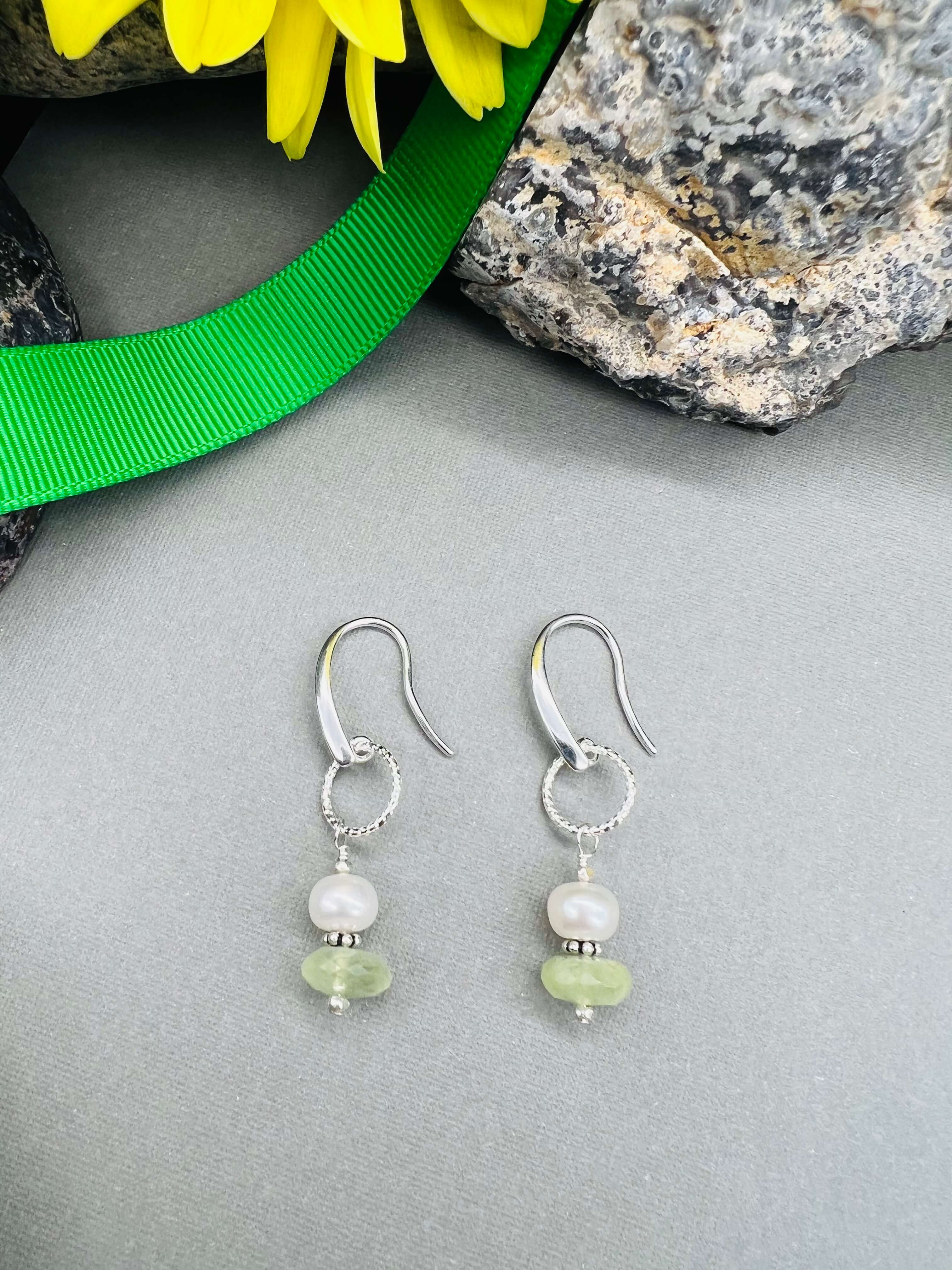 Pretty Pearl and Prehnite Earrings