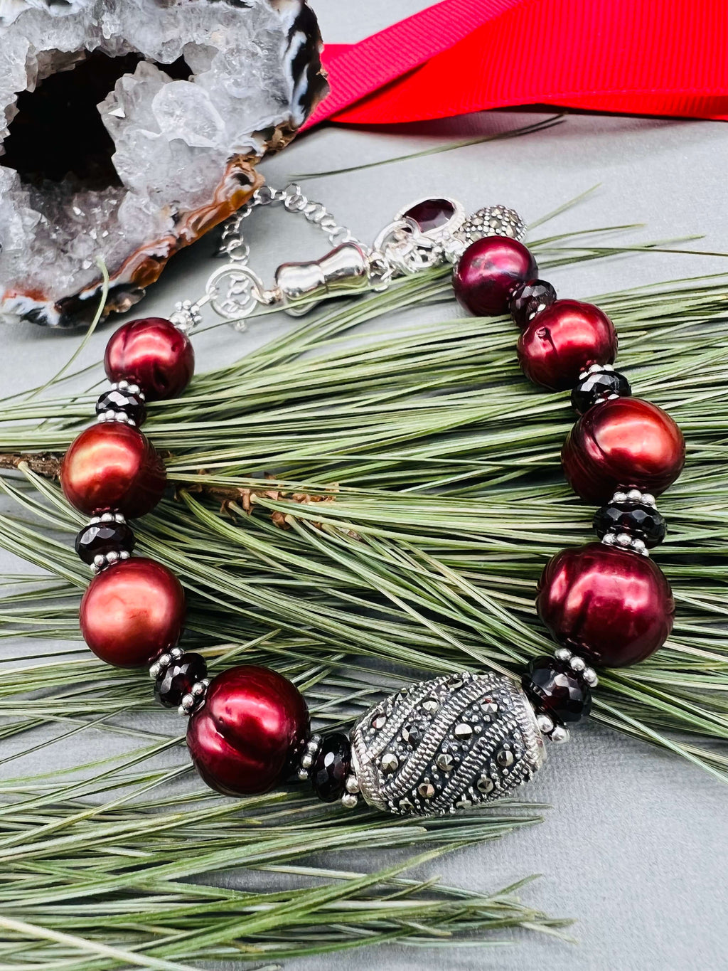 Marcasite, Garnet and Pearl Bracelet